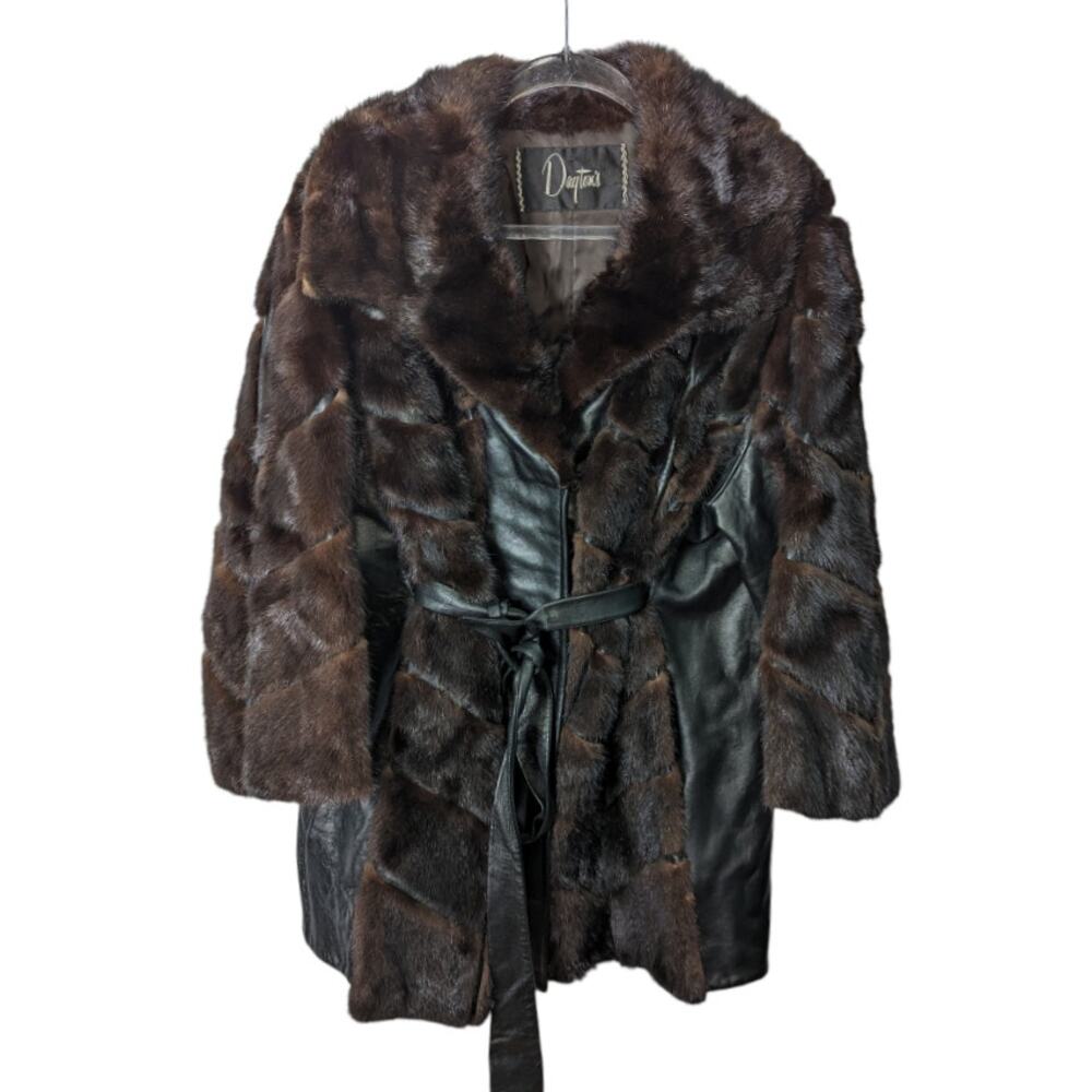 Vintage 70s Dayton’s Black Brown Leather Mink Fur Trim Belted Coat Chevron